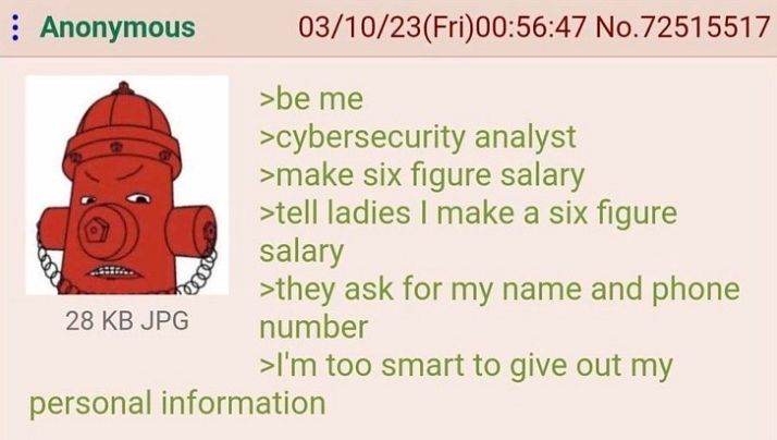: Anonymous 28 KB JPG 03/10/23(Fri)00:56:47 No.72515517 >be me >cybersecurity analyst >make six figure salary >tell ladies I make a six figure salary >they ask for my name and phone number >I'm too smart to give out my personal information