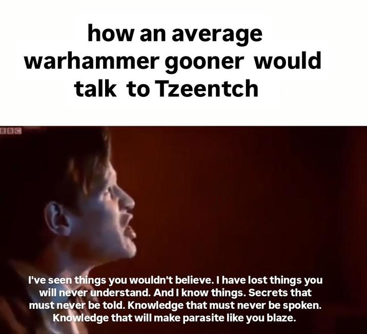 how an average warhammer gooner would talk to Tzeentch I've seen things you wouldn't believe. I have lost things you will never understand. And I know things. Secrets that must never be told. Knowledge that must never be spoken. Knowledge that will make parasite like you blaze.