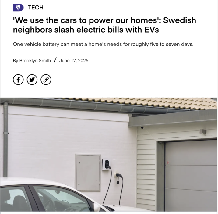 TECH 'We use the cars to power our homes': Swedish neighbors slash electric bills with EVs One vehicle battery can meet a home's needs for roughly five to seven days. By Brooklyn Smith / June 17, 2026 f