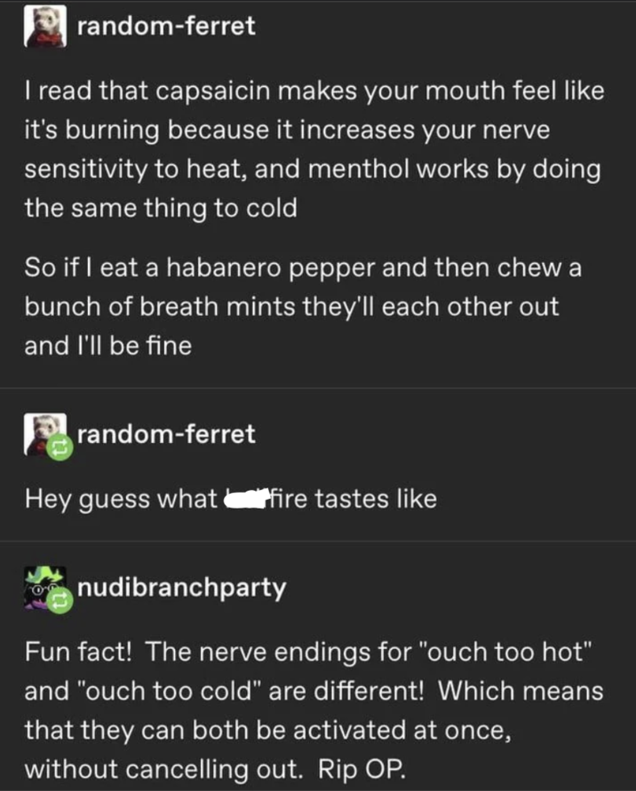 ☑random-ferret I read that capsaicin makes your mouth feel like it's burning because it increases your nerve sensitivity to heat, and menthol works by doing the same thing to cold So if I eat a habanero pepper and then chew a bunch of breath mints they'll each other out and I'll be fine random-ferret Hey guess what fire tastes like O nudibranchparty Fun fact! The nerve endings for "ouch too hot" and "ouch too cold" are different! Which means that they can both be activated at once, without cancelling out. Rip OP.