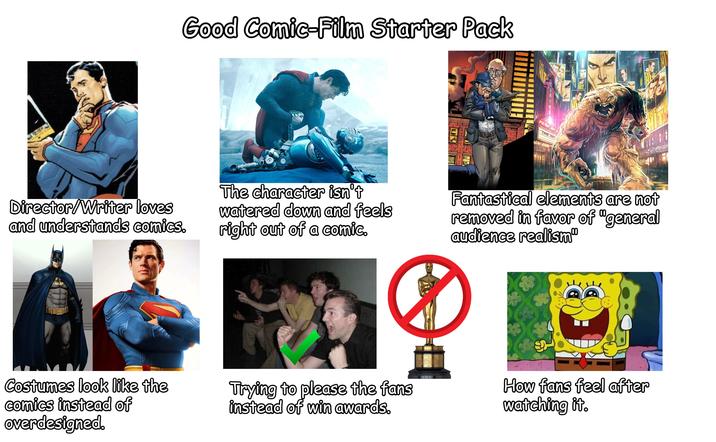 Good Comic-Film Starter Pack METRO THE HI Calles Director/Writer loves and understands comics. The character isn't watered down and feels right out of a comic. Fantastical elements are not removed in favor of "general audience realism" Costumes look like the comics instead of overdesigned. Trying to please the fans instead of win awards. ACADEMY AWABO TO NARDO DICAPRIO BUT PERFORMANDY AN ACTOR IN A LEADING ROLL THE WOLF OF WALL REE 2014 How fans feel after watching it.