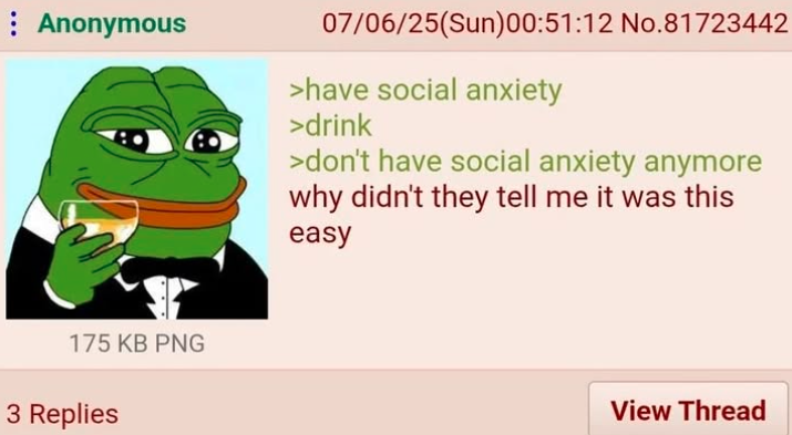 : Anonymous 07/06/25(Sun)00:51:12 No.81723442 >have social anxiety >drink >don't have social anxiety anymore why didn't they tell me it was this easy 175 KB PNG 3 Replies View Thread