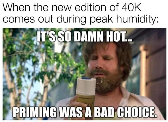 When the new edition of 40K comes out during peak humidity: IT'S SO DAMN HOT... PRIMING WAS A BAD CHOICE.