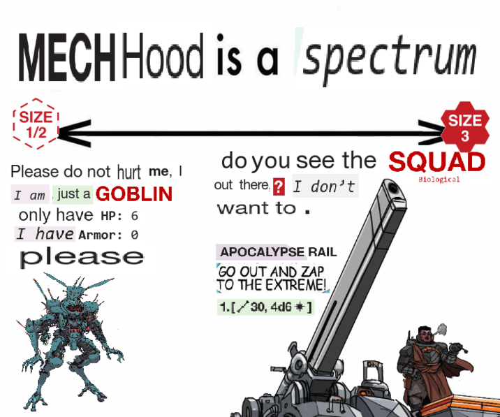 MECH Hood is a spectrum [SIZE I 1/2 Please do not hurt me, I I am just a GOBLIN only have HP: 6 I have Armor: 0 please SIZE 3 do you see the SQUAD out there? I don't want to. APOCALYPSE RAIL GO OUT AND ZAP TO THE EXTREME! 1.[30,4d6*] Biological