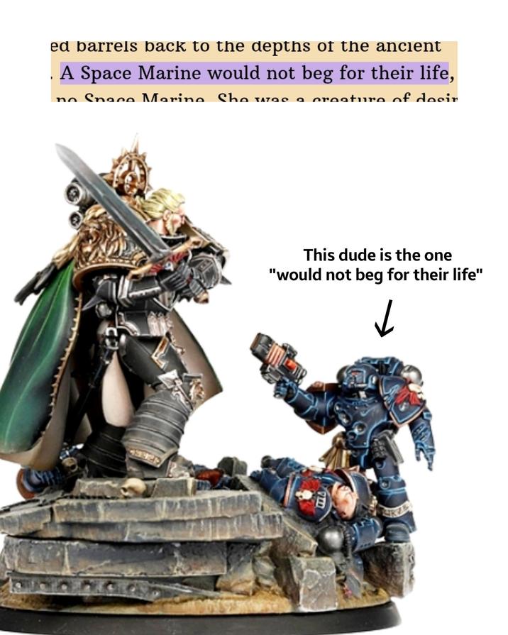 ed barrels back to the depths of the ancient . A Space Marine would not beg for their life, no Space Marine She was a creature of desir This dude is the one "would not beg for their life" PLD