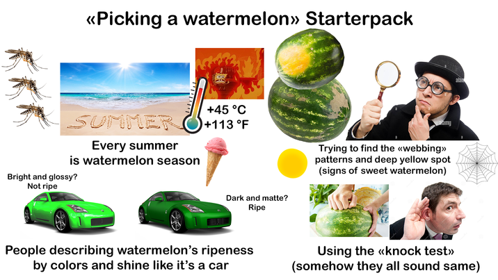<<Picking a watermelon» Starterpack T SUMMER Every summer is watermelon season Bright and glossy? Not ripe +45 °C +113 °F ałamy Trying to find the <<webbing>> patterns and deep yellow spot (signs of sweet watermelon) Dark and matte? Ripe alar People describing watermelon's ripeness. by colors and shine like it's a car © Using the «knock test>> (somehow they all sound same)