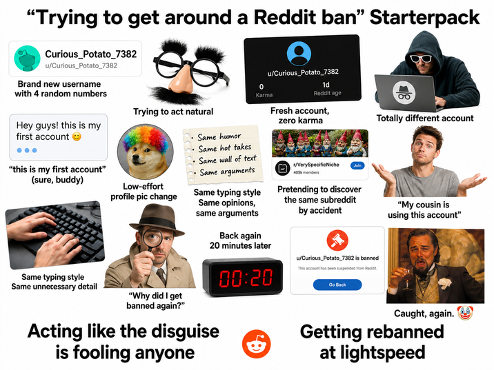 "Trying to get around a Reddit ban" Starterpack Curious_Potato_7382 u/Curious_Potato_7382 Brand new username with 4 random numbers Trying to act natural 0 u/Curious_Potato_7382 1d Reddit age Karma Fresh account, Hey guys! this is my first account "this is my first account" (sure, buddy) Low-effort profile pic change Same humor Same hot takes Same wall of text Same arguments Same typing style Same opinions, same arguments Back again 20 minutes later zero karma r/VerySpecificNiche Join 405k members Pretending to discover the same subreddit by accident Totally different account "My cousin is using this account" Same typing style Same unnecessary detail "Why did I get banned again?" Acting like the disguise is fooling anyone 00:20 u/Curious_Potato_7382 is banned This account has been suspended from Reddit. Go Back Caught, again. Getting rebanned at lightspeed