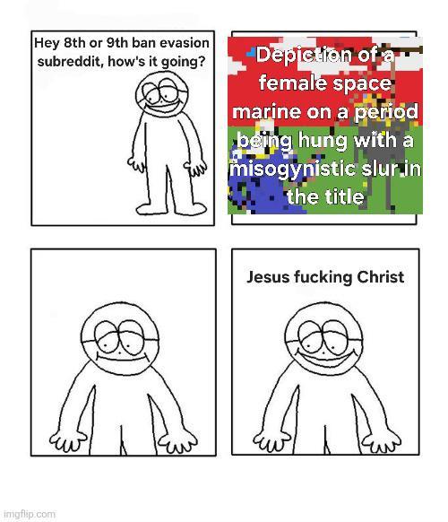 Hey 8th or 9th ban evasion subreddit, how's it going? Depiction of female space marine on a period being hung with a misogynistic slur.in the title imgflip.com Jesus f------ Christ