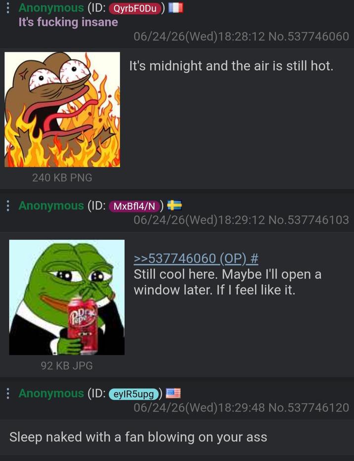 Anonymous (ID: QyrbF0Du) It's f------ insane 06/24/26(Wed)18:28:12 No. 537746060 It's midnight and the air is still hot. 240 KB PNG Anonymous (ID: MxBf14/N) + 06/24/26(Wed)18:29:12 No. 537746103 >>537746060 (OP) # Still cool here. Maybe I'll open a window later. If I feel like it. 92 KB JPG Anonymous (ID: eyIR5upg 06/24/26(Wed)18:29:48 No.537746120 Sleep naked with a fan blowing on your ass