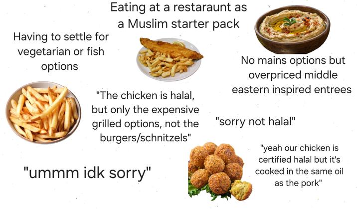 Having to settle for vegetarian or fish options Eating at a restaraunt as a Muslim starter pack "The chicken is halal, but only the expensive grilled options, not the burgers/schnitzels" "ummm idk sorry" No mains options but overpriced middle eastern inspired entrees "sorry not halal" "yeah our chicken is certified halal but it's cooked in the same oil as the pork"