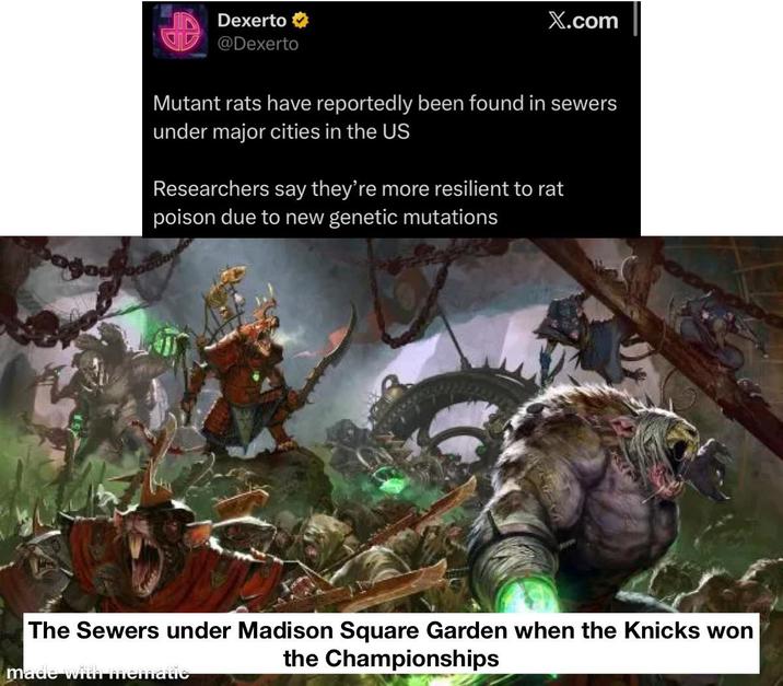 Dexerto @Dexerto X.com Mutant rats have reportedly been found in sewers under major cities in the US Researchers say they're more resilient to rat poison due to new genetic mutations The Sewers under Madison Square Garden when the Knicks won made with mematic the Championships