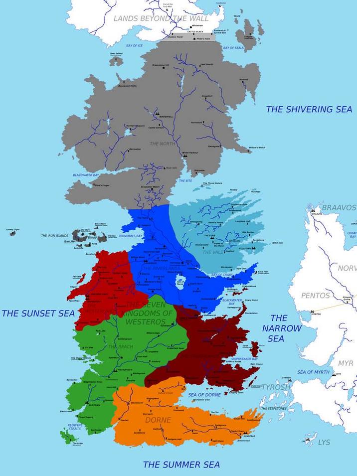 BLAZEWATER BAY Ft of me LANDS BEYOND THE WALL BAY OF ICE THE IRON ISLANDS IRONMAN'S BAY THE SUNSET SEA REDWYNE STRAITS The Arber THE NORTH THE BITE THE FOUR THE VALE BAY OF SEALS THE RIVERLANDS Dyre Den BAY OF CRABS THE THE SEVEN WESTERLANG KINGDOMS OF WESTEROS BLACKWATER S BAY The Pe THE REACH THE STORMLANDS SHIPBREAKER BAY AT GARDEN Y 1 DORNE SEA OF DORNE THE SUMMER SEA THE SHIVERING SEA BRAAVOS PENTOS PENTOS THE NARROW SEA TYROH TYROSH THE STEPSTONES LORAT BAY NORV Orane MYR SEA OF MYRTH LYS