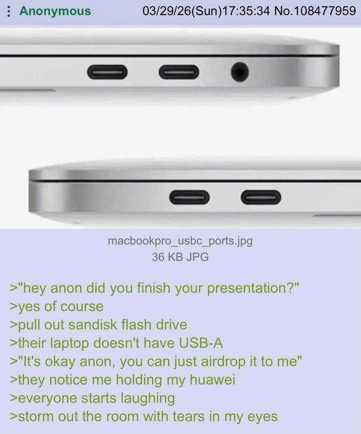 Anonymous 03/29/26(Sun)17:35:34 No. 108477959 macbookpro_usbc_ports.jpg 36 KB JPG >"hey anon did you finish your presentation?" >yes of course >pull out sandisk flash drive >their laptop doesn't have USB-A >"It's okay anon, you can just airdrop it to me" >they notice me holding my huawei >everyone starts laughing >storm out the room with tears in my eyes