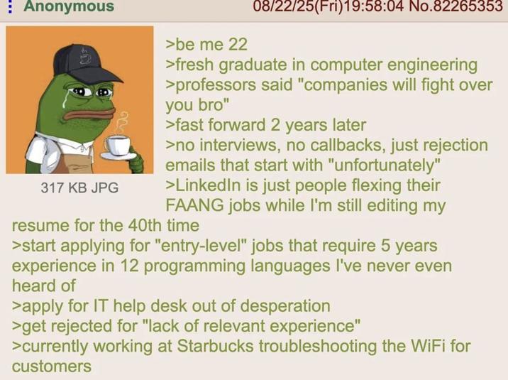 Anonymous 317 KB JPG >be me 22 08/22/25(Fri)19:58:04 No.82265353 >fresh graduate in computer engineering >professors said "companies will fight over you bro" >fast forward 2 years later >no interviews, no callbacks, just rejection emails that start with "unfortunately" >LinkedIn is just people flexing their FAANG jobs while I'm still editing my resume for the 40th time >start applying for "entry-level" jobs that require 5 years experience in 12 programming languages I've never even heard of >apply for IT help desk out of desperation >get rejected for "lack of relevant experience" >currently working at Starbucks troubleshooting the WiFi for customers