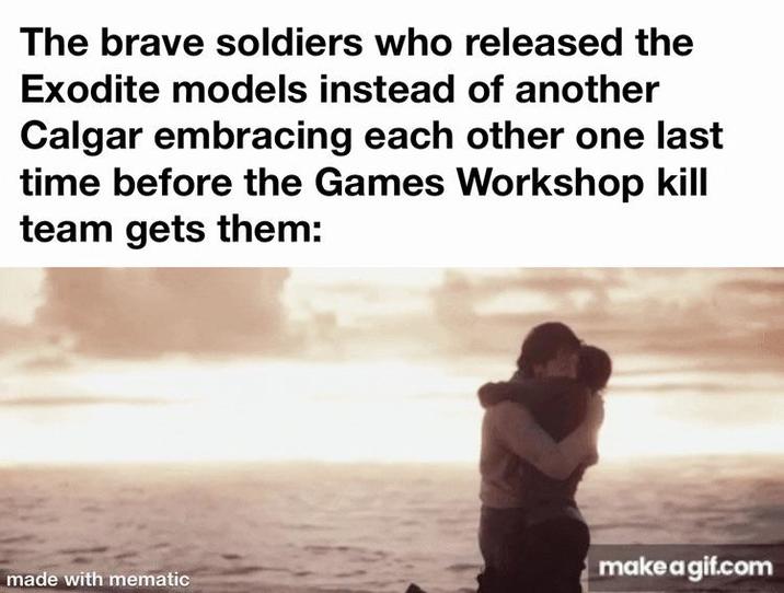 The brave soldiers who released the Exodite models instead of another Calgar embracing each other one last time before the Games Workshop kill team gets them: made with mematic make a gif.com