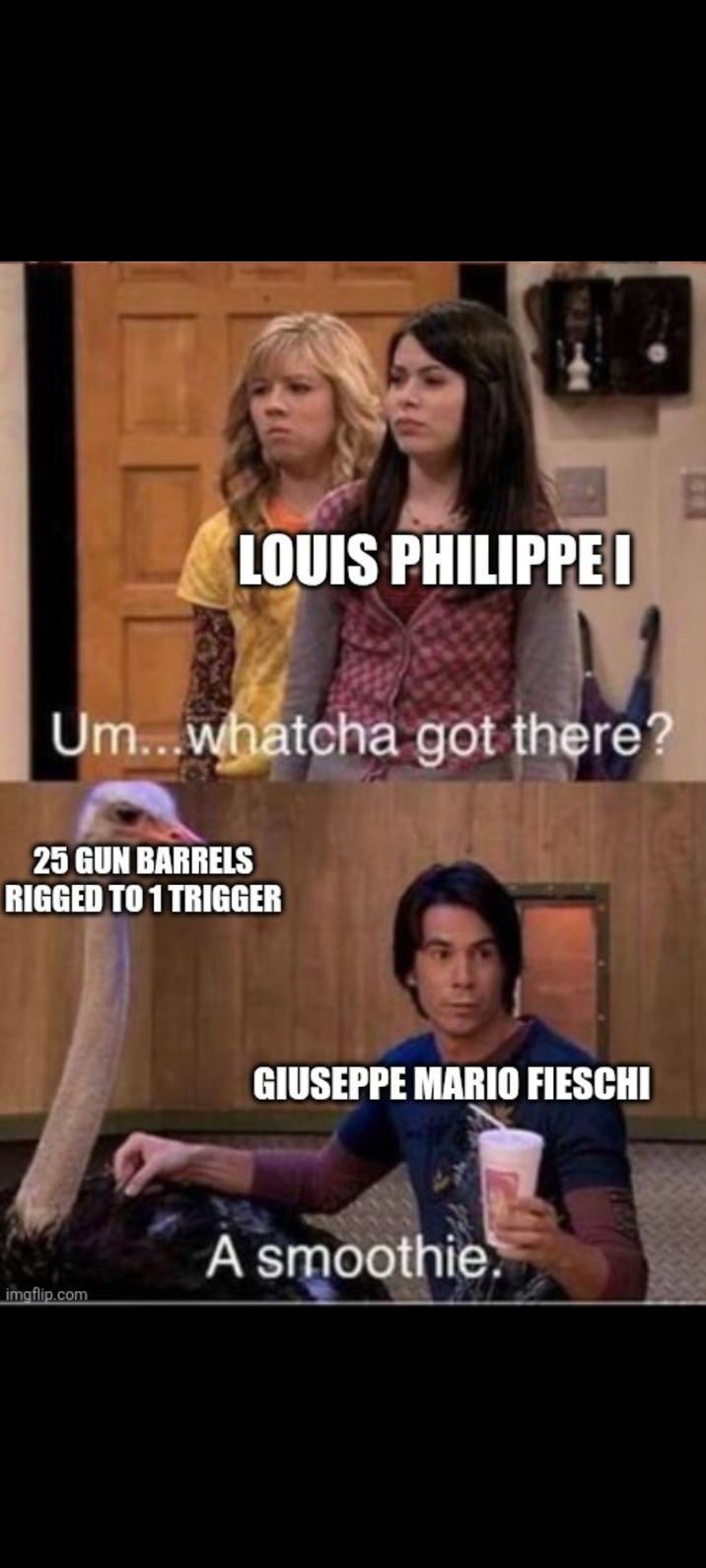 LOUIS PHILIPPE I Um...whatcha got there? 25 GUN BARRELS RIGGED TO 1 TRIGGER imgflip.com GIUSEPPE MARIO FIESCHI A smoothie