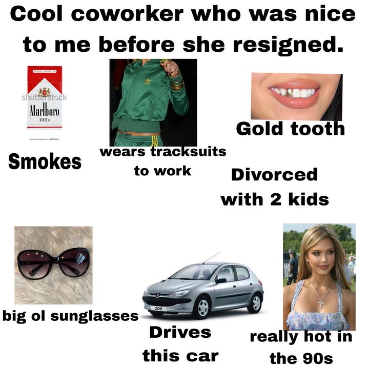 Cool coworker who was nice to me before she resigned. FILTER CIGARETTES 害 shutterstock Marlboro 100's 20 CLASS A CIGARETTES www.shutterstock.com 2528356813 Smokes adidas wears tracksuits to work Gold tooth Divorced with 2 kids + really hot in the 90s big ol sunglasses 206 Drives this car இ