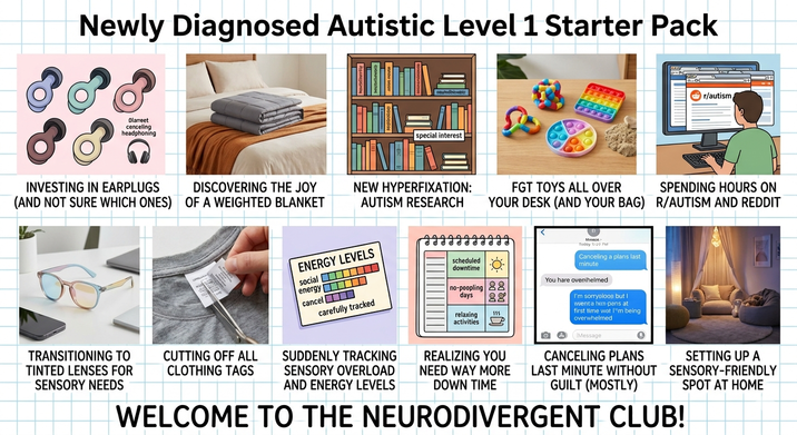 Newly Diagnosed Autistic Level 1 Starter Pack Olarreet cenceling headphoning special interest r/autism INVESTING IN EARPLUGS (AND NOT SURE WHICH ONES) DISCOVERING THE JOY OF A WEIGHTED BLANKET NEW HYPERFIXATION: AUTISM RESEARCH FGT TOYS ALL OVER YOUR DESK (AND YOUR BAG) SPENDING HOURS ON R/AUTISM AND REDDIT TRANSITIONING TO TINTED LENSES FOR SENSORY NEEDS ENERGY LEVELS social energy cancel carefully tracked scheduled downtime no-poopling days gg relaxing 115 activities CUTTING OFF ALL CLOTHING TAGS SUDDENLY TRACKING SENSORY OVERLOAD AND ENERGY LEVELS REALIZING YOU NEED WAY MORE DOWN TIME Mreece Today T20 7M Canceling a plans last minute You hare ovenihelmed I'm sorryolooe but I wenta him pans at first time wet I'm being overwhelmed Message CANCELING PLANS LAST MINUTE WITHOUT GUILT (MOSTLY) SETTING UP A SENSORY-FRIENDLY SPOT AT HOME WELCOME TO THE NEURODIVERGENT CLUB!