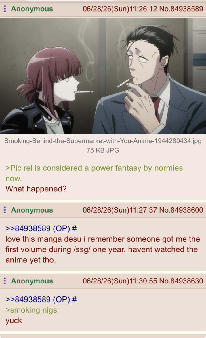 Anonymous 06/28/26(Sun)11:26:12 No.84938589 Smoking-Behind-the-Supermarket-with-You-Anime-1944280434.jpg 75 KB JPG >Pic rel is considered a power fantasy by normies now. What happened? Anonymous >>84938589 (OP) # 06/28/26(Sun)11:27:37 No.84938600 love this manga desu i remember someone got me the first volume during /ssg/ one year. havent watched the anime yet tho. Anonymous >>84938589 (OP) # >smoking nigs 06/28/26(Sun)11:30:55 No.84938630 yuck