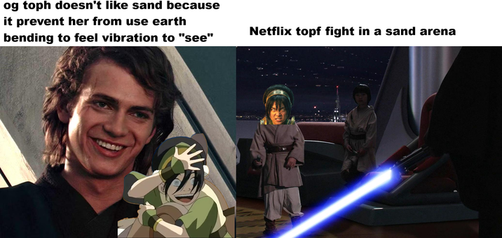 og toph doesn't like sand because it prevent her from use earth bending to feel vibration to "see" Netflix topf fight in a sand arena