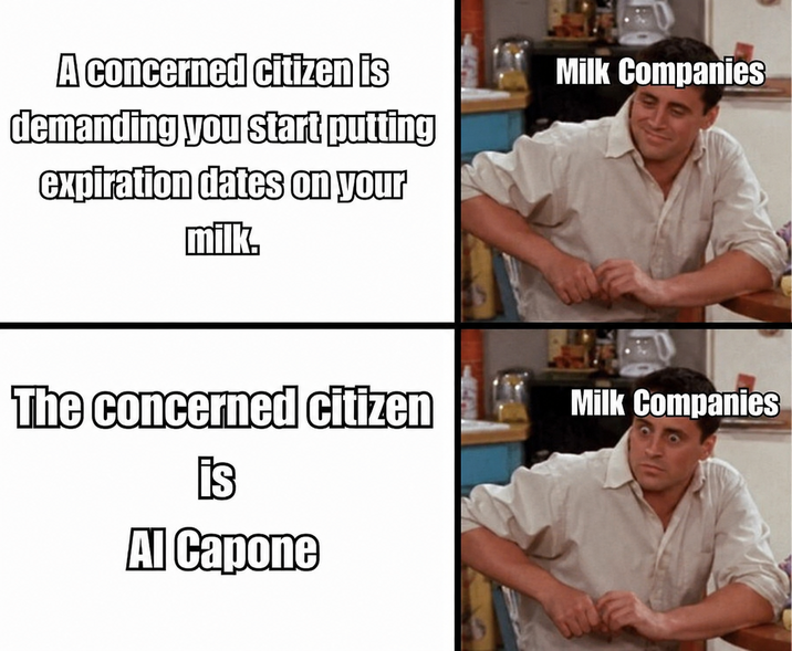 A concerned citizen is demanding you start putting expiration dates on your milk. Milk Companies The concerned citizen is Al Capone Milk Companies
