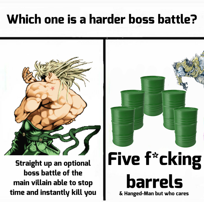 Which one is a harder boss battle? Straight up an optional boss battle of the main villain able to stop time and instantly kill you Five f*cking barrels & Hanged-Man but who cares