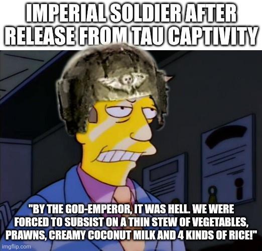 IMPERIAL SOLDIER AFTER RELEASE FROM TAU CAPTIVITY "BY THE GOD-EMPEROR, IT WAS HELL. WE WERE FORCED TO SUBSIST ON A THIN STEW OF VEGETABLES, PRAWNS, CREAMY COCONUT MILK AND 4 KINDS OF RICE!" imgflip.com