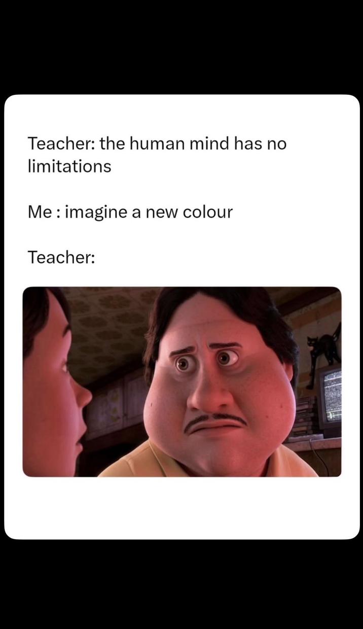 Teacher: the human mind has no limitations Me: imagine a new colour Teacher: