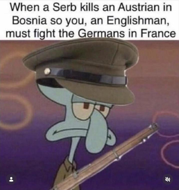 When a Serb kills an Austrian in Bosnia so you, an Englishman, must fight the Germans in France 3/1