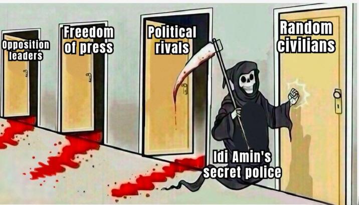 Freedom Political Opposition of press rivals Random civilians leaders Idi Amin's secret police