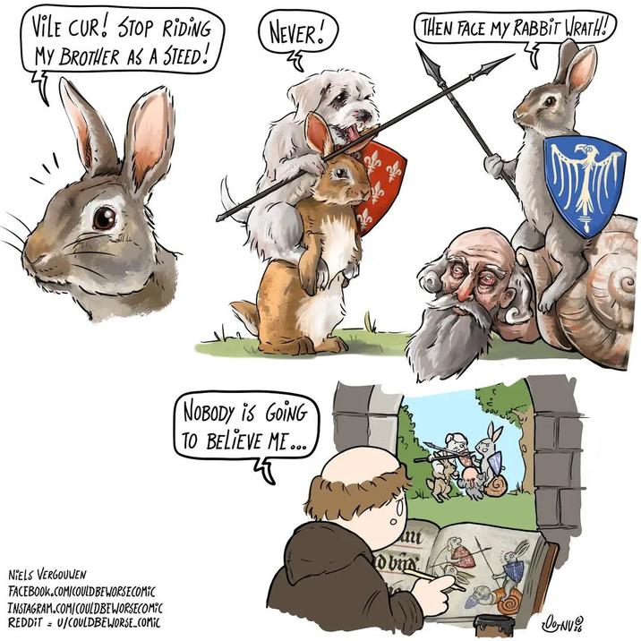VILE CUR! STOP RIDING MY BROTHER AS A STEED! NEVER! THEN FACE MY RABBIT WRATH! NOBODY IS GOING TO BELIEVE ME... NIELS VERGOUWEN FACEBOOK.COM/COULD BE WORSE COMIC INSTAGRAM.COM/COULDBEWORSECOMIC REDDITU/COULDBEWORSE_COMIC ni dby CONV