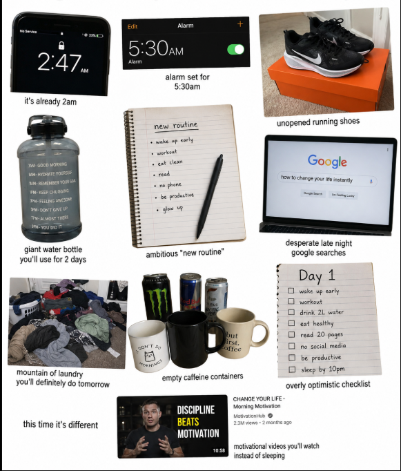 2:47. Edit Alarm 5:30AM Alarm alarm set for 5:30am it's already 2am W GOOD MORNING SAN-HYDRATE YOURSELF M-REMEMBER YOUR GOA PM-KEEP CHUGGING 3PM-FEELING AWESOME SPM-DON'T GIVE UP TPM-ALMOST THER SPM-YOU DID IT giant water bottle you'll use for 2 days new routine • wake up early • workout • eat clean .read •no phone ⚫ be productive glow up ambitious "new routine" DON'T DO MORNINGS unopened running shoes Google how to change your life instantly desperate late night google searches Day 1 wake up early workout Odrink 2L water eat healthy read 20 pages but irst, no social media offee mountain of laundry you'll definitely do tomorrow this time it's different 募 empty caffeine containers CHANGE YOUR LIFE- DISCIPLINE Morning Motivation BEATS MOTIVATION MotivationHub be productive sleep by 10pm overly optimistic checklist 2.3M views • 2 months ago 10:58 motivational videos you'll watch instead of sleeping
