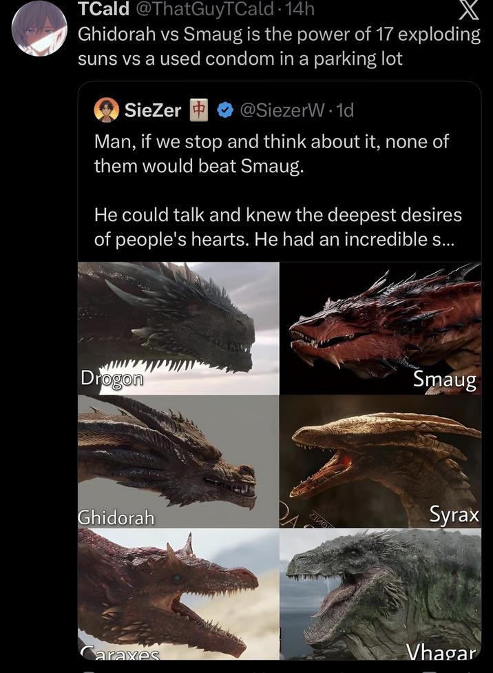 TCald @ThatGuyTCald. 14h Ghidorah vs Smaug is the power of 17 exploding suns vs a used condom in a parking lot SieZer H ✔ @SiezerW.1d Man, if we stop and think about it, none of them would beat Smaug. He could talk and knew the deepest desires of people's hearts. He had an incredible s... Drogon Ghidorah Smaug Syrax Caraxes Vhagar
