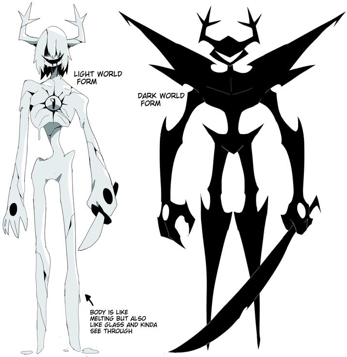 LIGHT WORLD FORM 0 DARK WORLD FORM BODY IS LIKE MELTING BUT ALSO LIKE GLASS AND KINDA SEE THROUGH
