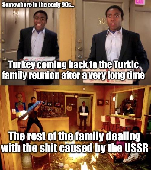 Somewhere in the early 90s... 30 Turkey coming back to the Turkic family reunion after a very long time The rest of the family dealing with the s--- caused by the USSR