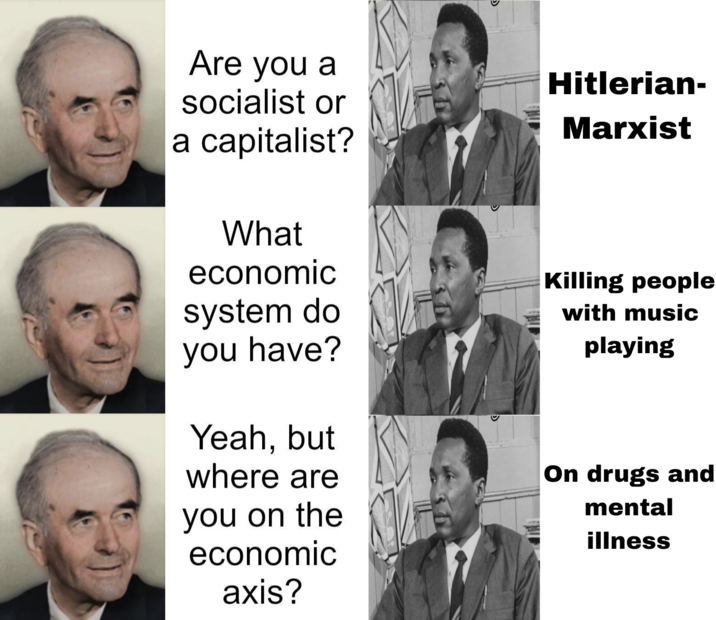 Are you a socialist or a capitalist? What economic system do you have? Yeah, but where are you on the economic axis? D Hitlerian- Marxist Killing people with music playing On drugs and mental illness
