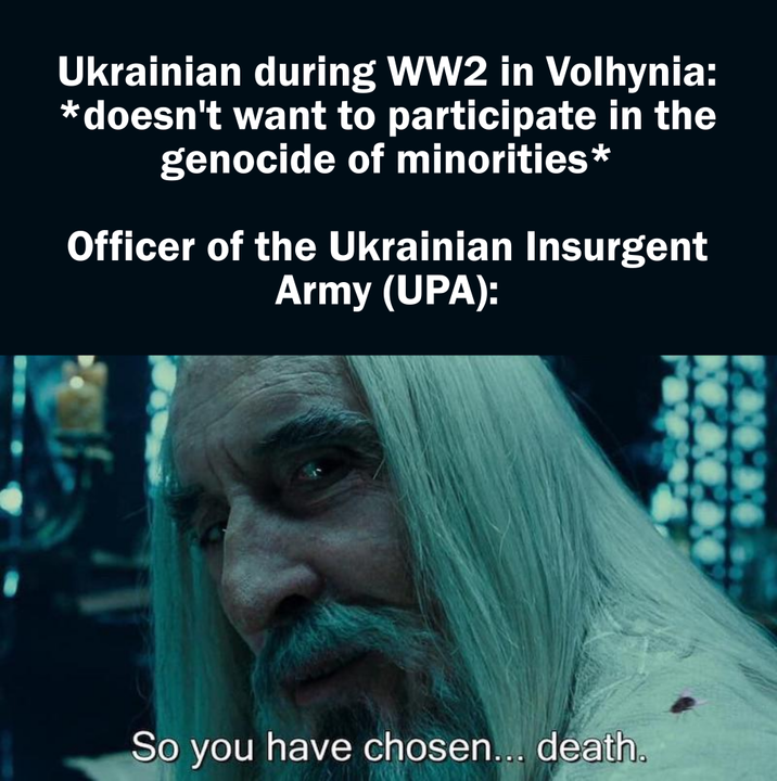 Ukrainian during WW2 in Volhynia: *doesn't want to participate in the genocide of minorities* Officer of the Ukrainian Insurgent Army (UPA): So you have chosen... death.