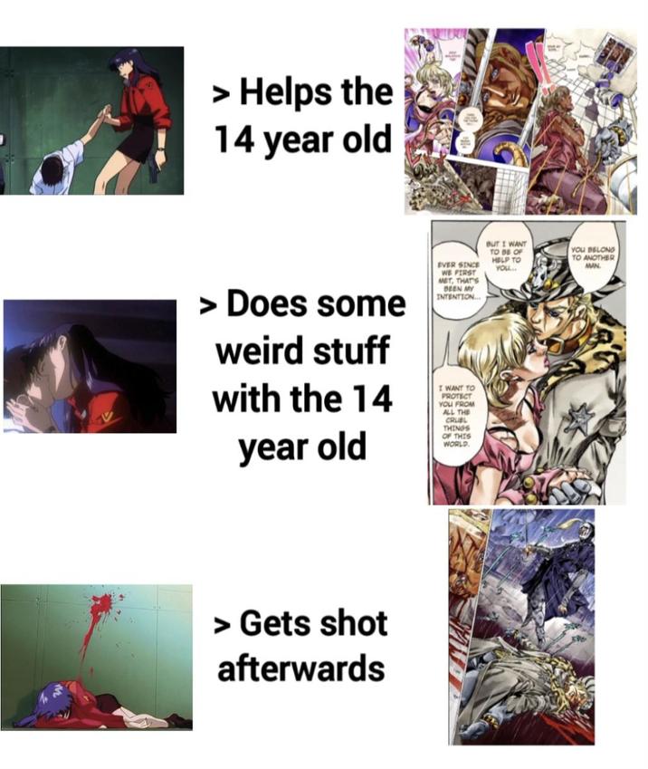> Helps the 14 year old > Does some weird stuff with the 14 year old EVER SINCE WE FIRST MET, THAT'S BEEN MY INTENTION... I WANT TO PROTECT YOU FROM ALL THE CRUBL THINGS OF THIS WORLD. BUT I WANT TO BE OF HELP TO YOU... YOU BELONG TO ANOTHER MAN > Gets shot afterwards