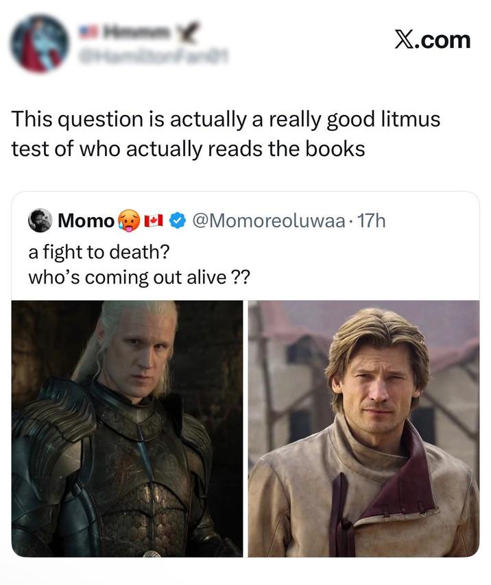 X.com This question is actually a really good litmus test of who actually reads the books Momo a fight to death? @Momoreoluwaa 17h who's coming out alive??