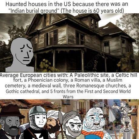 Haunted houses in the US because there was an "Indian burial ground" (The house is 60 years old) Average European cities with: A Paleolithic site, a Celtic hill fort, a Phoenician colony, a Roman villa, a Muslim cemetery, a medieval wall, three Romanesque churches, a Gothic cathedral, and 5 fronts from the First and Second World Wars