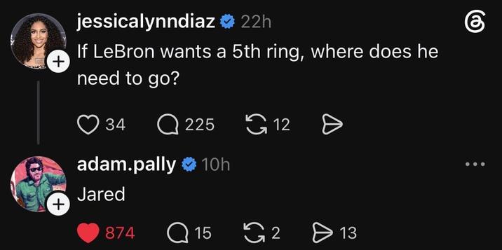 + jessicalynndiaz ❤ 22h If LeBron wants a 5th ring, where does he need to go? 34 Q225 6 12 adam.pally ❤ 10h Jared + 874 Q15 65 2 > 13
