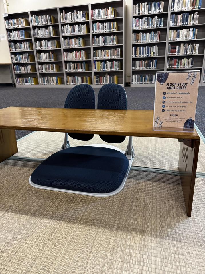 FLOOR STUDY AREA RULES this area is for students only Please remove shoes No food or drinks allowed on mats 4. No lying down or sleeping Please clean up after use PURPOSE We created this area for students who are more comfortable studying on the floor