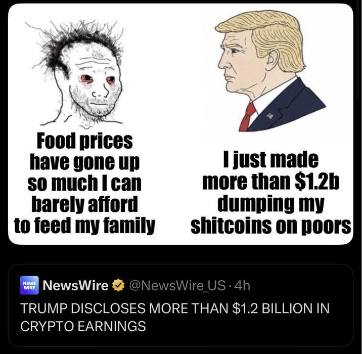 Food prices have gone up so much I can barely afford to feed my family I just made more than $1.2b dumping my shitcoins on poors NEWS WIRE NewsWire ⭑@NewsWire US-4h TRUMP DISCLOSES MORE THAN $1.2 BILLION IN CRYPTO EARNINGS