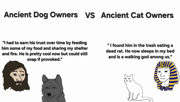 Ancient Dog Owners VS Ancient Cat Owners "I had to earn his trust over time by feeding him some of my food and sharing my shelter and fire. He is pretty cool now but could still snap if provoked." "I found him in the trash eating a dead rat. He now sleeps in my bed and is a walking god among us." туй