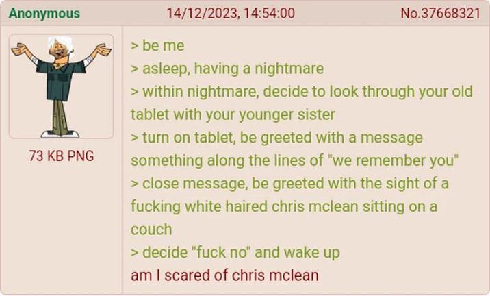 Anonymous 73 KB PNG 14/12/2023, 14:54:00 > be me > asleep, having a nightmare No.37668321 > within nightmare, decide to look through your old tablet with your younger sister > turn on tablet, be greeted with a message something along the lines of "we remember you" > close message, be greeted with the sight of a f------ white haired chris mclean sitting on a couch > decide "f--- no" and wake up am I scared of chris mclean