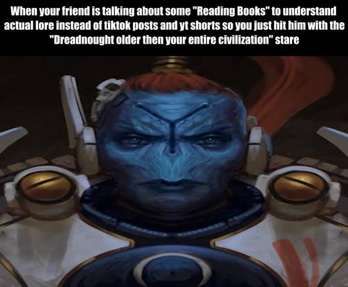 When your friend is talking about some "Reading Books" to understand actual lore instead of tiktok posts and yt shorts so you just hit him with the "Dreadnought older then your entire civilization" stare