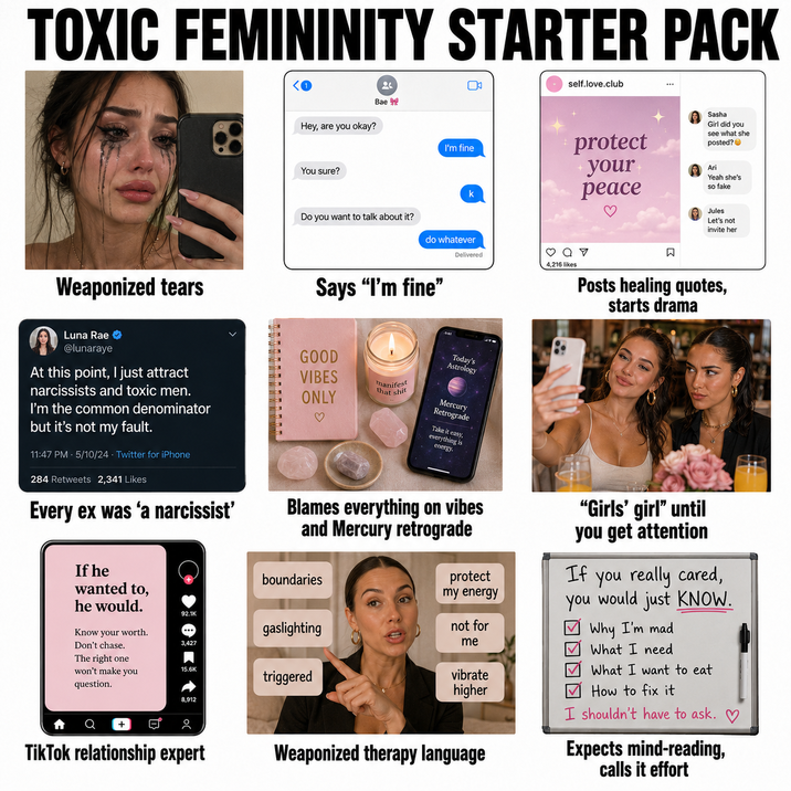 TOXIC FEMININITY STARTER PACK 96 Bae self.love.club Hey, are you okay? You sure? I'm fine Do you want to talk about it? k do whatever Weaponized tears Says "I'm fine" Luna Rae → @lunaraye GOOD At this point, I just attract VIBES narcissists and toxic men. manifest I'm the common denominator ONLY ♡ that s--- but it's not my fault. protect your+ peace Sasha Girl did you see what she posted? Ari Yeah she's so fake Delivered ♡ Q V 4,216 likes ☐ Jules Let's not invite her Posts healing quotes, starts drama Today's Astrology Mercury Retrograde Take it easy, everything is energy. 11:47 PM - 5/10/24 Twitter for iPhone 284 Retweets 2,341 Likes Every ex was 'a narcissist' If he wanted to, Blames everything on vibes and Mercury retrograde boundaries he would. 92.1K Know your worth. gaslighting Don't chase. 3.427 The right one won't make you 15.6K question. triggered 8,912 protect my energy not for me vibrate higher 日 20 TikTok relationship expert Weaponized therapy language "Girls' girl" until you get attention If you really cared, you would just KNOW. Why I'm mad What I need What I want to eat How to fix it I shouldn't have to ask. Expects mind-reading, calls it effort