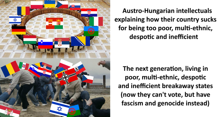 ✡ + 汁 MOOOOOO 3 G ✡ H #Œ # Austro-Hungarian intellectuals explaining how their country sucks for being too poor, multi-ethnic, despotic and inefficient The next generation, living in poor, multi-ethnic, despotic and inefficient breakaway states (now they can't vote, but have fascism and genocide instead)