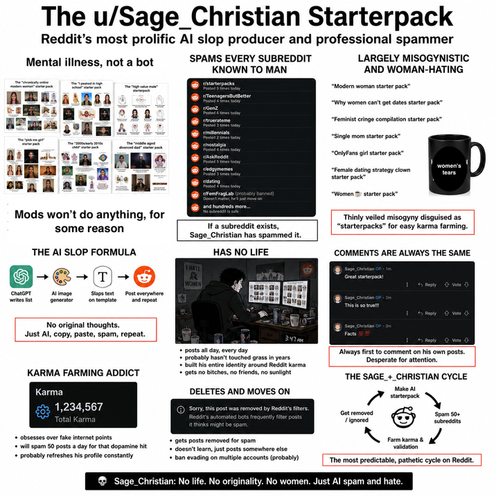 The u/Sage_Christian Starterpack Reddit's most prolific Al slop producer and professional spammer Mental illness, not a bot The "chronically online modern woman" starter pack The "I peaked in high school" starter pack The "high value male" starterpack 10 The "pick me girl" starter pack The "2000s/early 2010s child starter pack The "middle aged divorced dad" starter pack Mods won't do anything, for some reason THE AI SLOP FORMULA SPAMS EVERY SUBREDDIT KNOWN TO MAN r/starterpacks Posted 5 times today r/TeenagersButBetter Posted 4 times today r/GenZ Posted 6 times today r/truerateme Posted 3 times today. r/millennials Posted 2 times today r/nostalgia Posted 4 times today r/AskReddit Posted 5 times today r/edgymemes Posted 3 times today r/dating Posted 4 times today r/FemFragLab (probably banned) Doesn't matter, he'll just move on and hundreds more... No subreddit is safe If a subreddit exists, Sage_Christian has spammed it. HAS NO LIFE LARGELY MISOGYNISTIC AND WOMAN-HATING "Modern woman starter pack" "Why women can't get dates starter pack" "Feminist cringe compilation starter pack" "Single mom starter pack" "OnlyFans girl starter pack" "Female dating strategy clown starter pack" women's tears "Women starter pack" Thinly veiled misogyny disguised as "starterpacks" for easy karma farming. COMMENTS ARE ALWAYS THE SAME ChatGPT writes list Al image generator I HATE →T →> WOMEN Slaps text on template Post everywhere and repeat No original thoughts. Just Al, copy, paste, spam, repeat. Sage Christian OP - 1m Great starterpack! Reply + Vote ⇓ Sage Christian OP.2m This is so true!!! Reply + Vote ⇓ Sage Christian OP. 3m Facts 3:47 AM Reply + Vote ⇓ KARMA FARMING ADDICT Karma 1,234,567 Total Karma • obsesses over fake internet points ⚫ will spam 50 posts a day for that dopamine hit ⚫ probably refreshes his profile constantly posts all day, every day • probably hasn't touched grass in years ⚫ built his entire identity around Reddit karma ⚫ gets no bitches, no friends, no sunlight DELETES AND MOVES ON Sorry, this post was removed by Reddit's filters. Reddit's automated bots frequently filter posts it thinks might be spam. gets posts removed for spam ⚫ doesn't learn, just posts somewhere else • ban evading on multiple accounts (probably) Always first to comment on his own posts. Desperate for attention. THE SAGE_+_CHRISTIAN CYCLE Make Al starterpack Get removed / ignored Spam 50+ subreddits Farm karma & validation The most predictable, pathetic cycle on Reddit. Sage Christian: No life. No originality. No women. Just Al spam and hate.