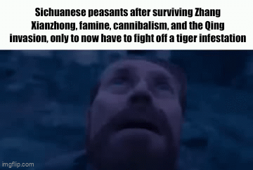Sichuanese peasants after surviving Zhang Xianzhong, famine, cannibalism, and the Qing invasion, only to now have to fight off a tiger infestation imgflip.com